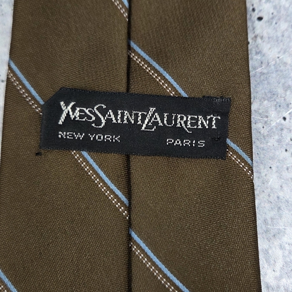 YSL Yves Saint Laurent | Brown Beige Blue Diagonal Striped Tie - Picture 3 of 3